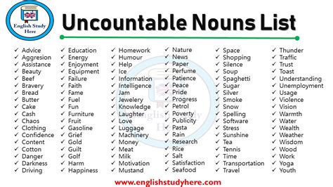 uncountable nouns list english study