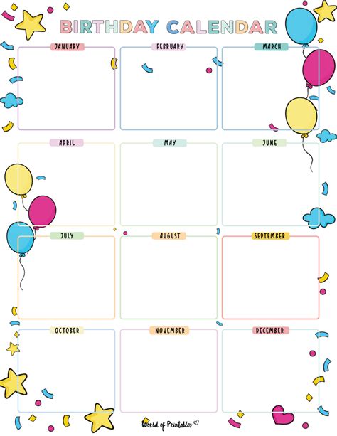 birthday calendars world  printables