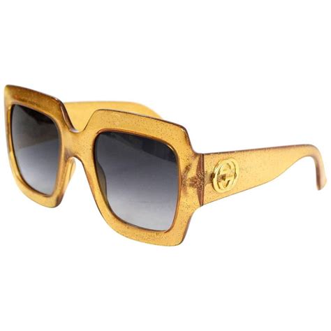 gucci gold glitter acetate square frame sunglasses with case for sale