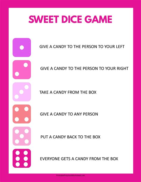 printable sweet dice game candy dice game  prep class party game