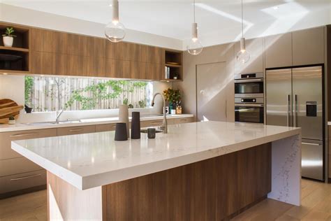 large modern contemporary kitchen  warm tones   huge island