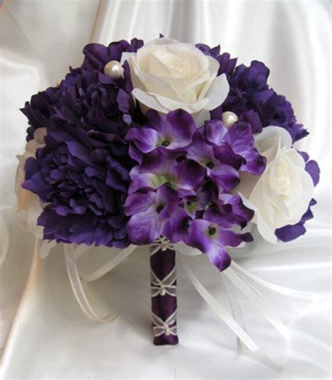 wedding bouquet bridal silk flowers purple cream plum pearl etsy