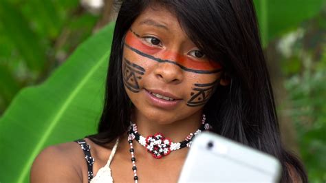 native brazilian girl from tupi guarani tribe taking selfie photo brazil stock video footage