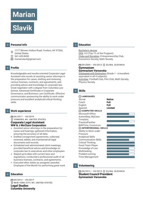 corporate legal assistant resume sample kickresume