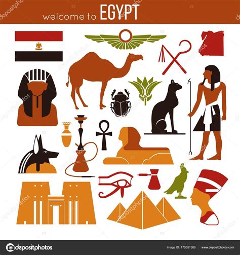 Set Egypt Symbols Landmarks Flat Vector Illustrations