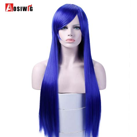 aosiwig long straight wigs women party blue  colors heat resistant synthetic hair costume