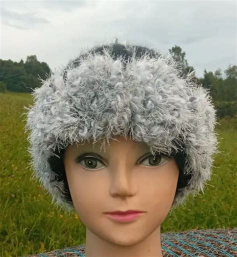 Womens Winter Hat Made Of Black And Gray Angora Wool Knitted Hat Warm