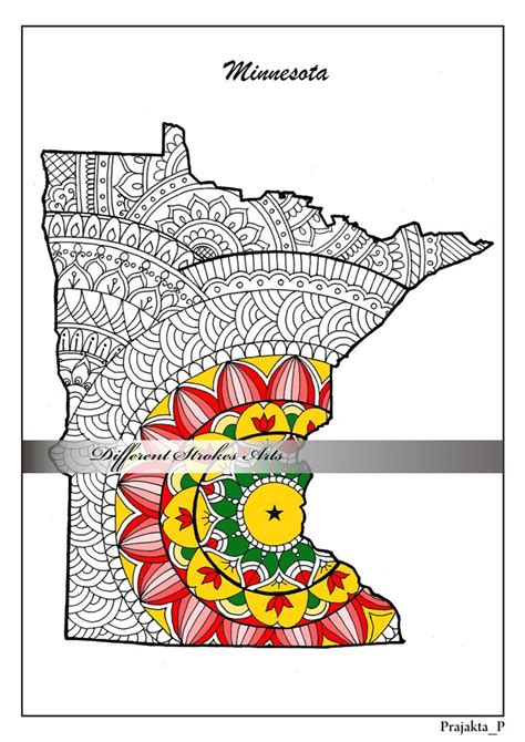 minnesota decorative map coloring pages  adults zentangle etsy