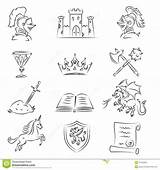 Medieval Skizzierte Ikonen Eingestellt Mittelalterliche Schlacht Abzeichen Sketched sketch template