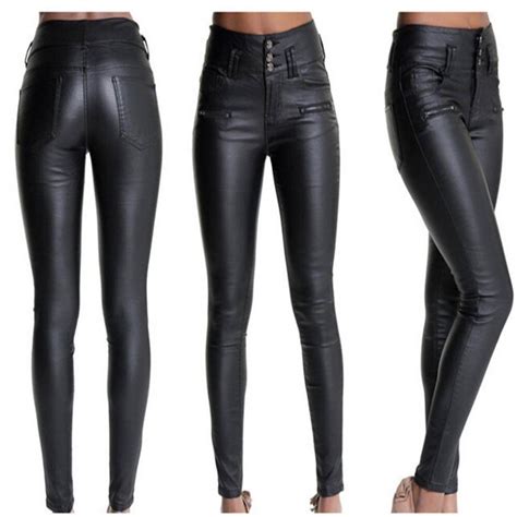 3 Buckle High Waist Leather Pants Sexy High Waist Tights Stretchy Faux
