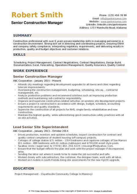 construction project manager resume sample master  template document