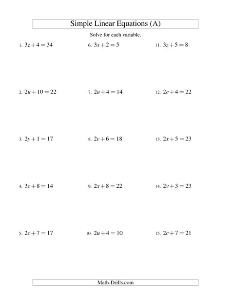 worksheets  linear equations grades   pre algebra