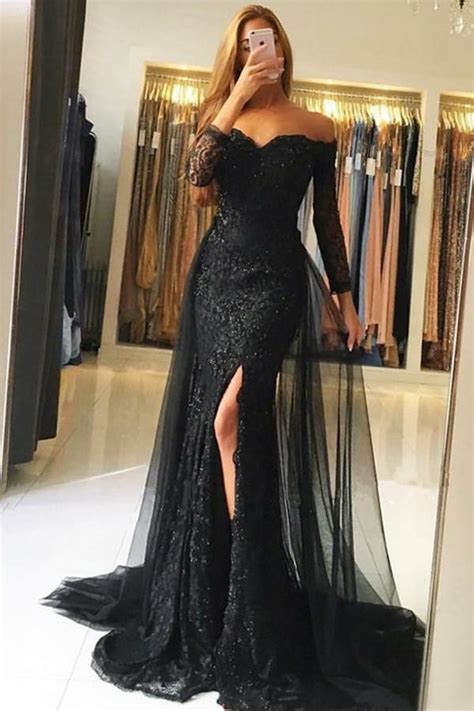 black tulle   shoulder long sleeves prom dress lace sequins ombreprom