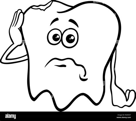 black  white cartoon illustration  sad tooth character  cavity