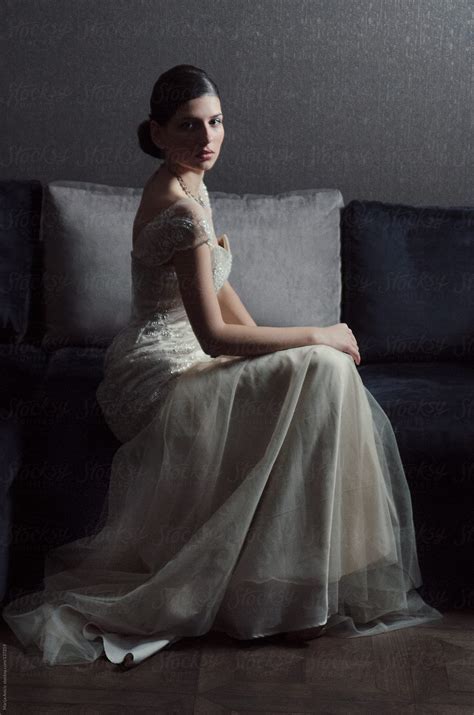 Beautiful Brunette Bride In White Wedding Dress Indoor By Stocksy
