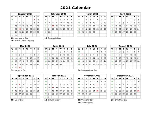 2021 Printable Calendar Templates Yearly Work Planner