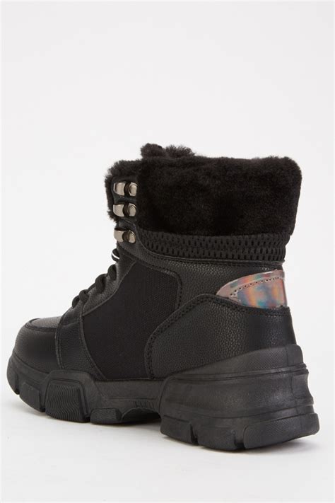 faux fur trim black lace  boots