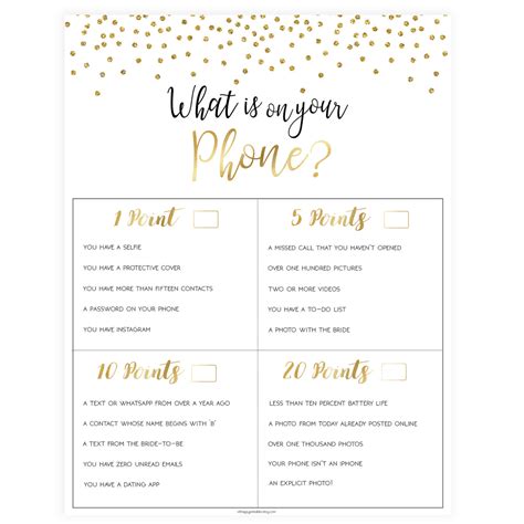 gold whats   phone game shop printable bridal shower games