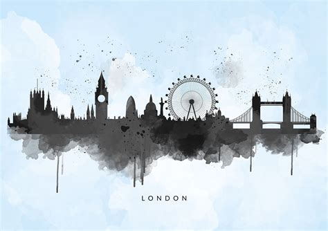 london skyline watercolour abstract art print black  blue wash