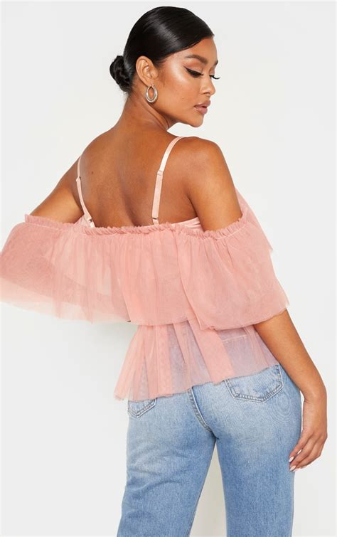 rose mesh ruffle blouse tops prettylittlething usa