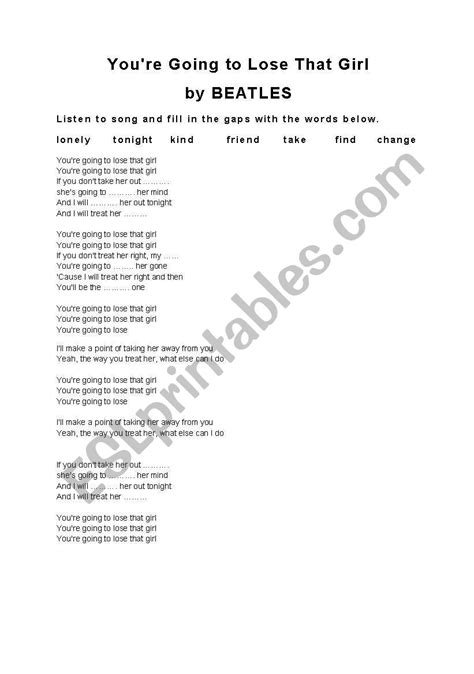 english worksheets you´re going to lose that girl by beatles