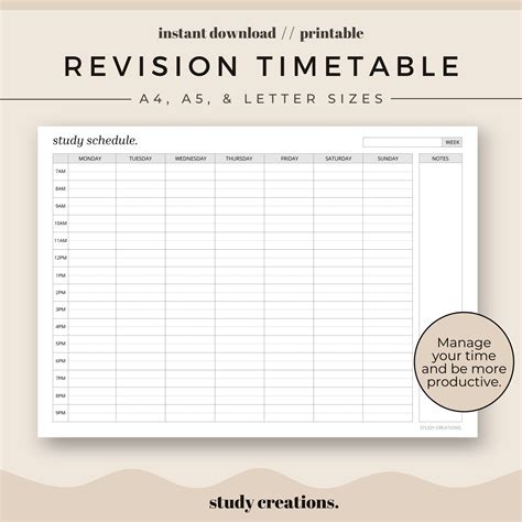 revision timetable printable set study schedule weekly etsy