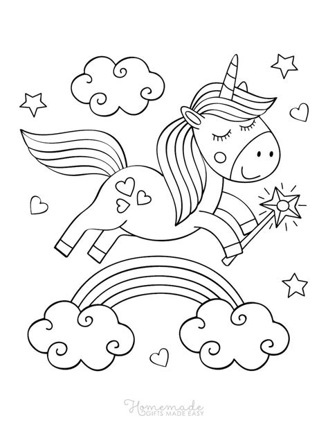 unicorn coloring pages cute unicorn holding wand  rainbow happy