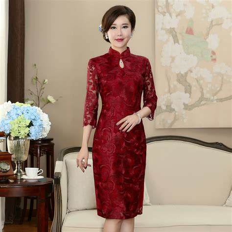 traditional chinese lace dress women s red knee length cheongsam in