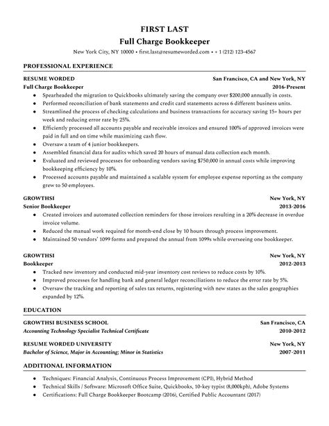entry level bookkeeper resume    resume worded
