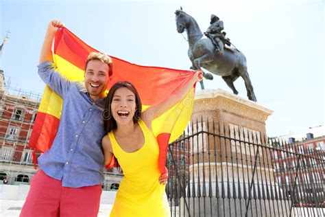 madrid people showing spain flag  plaza mayor stock image image