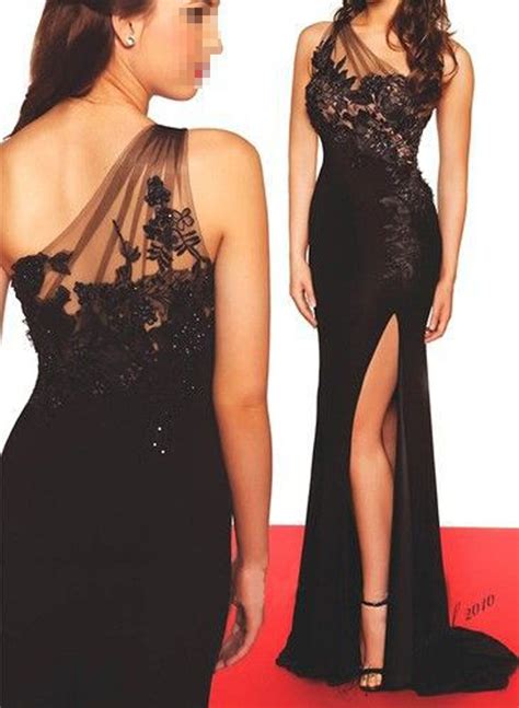 High Slit Long Black Formal Dress One Shoulder Slim Fitted Sexy Prom