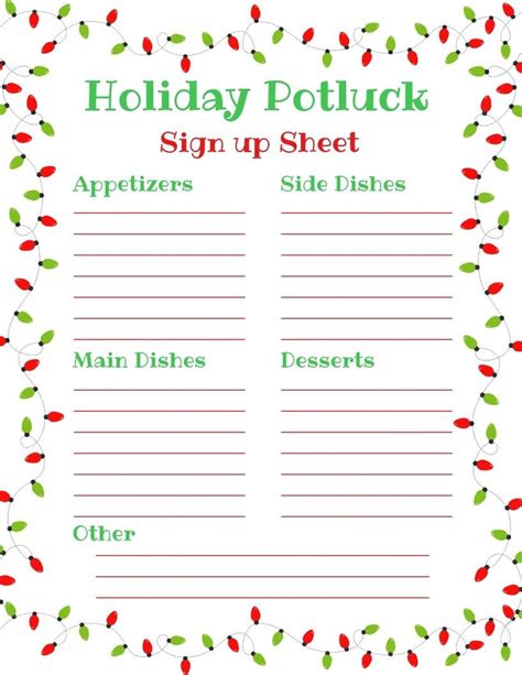 holiday potluck sign  sheet