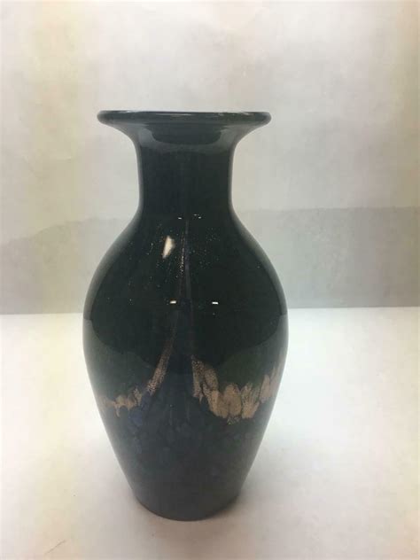Vintage Murano Glitter Glass Vase Black Base Gold Green