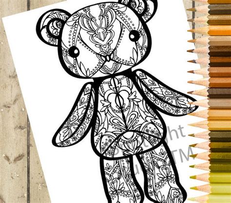 teddy bear adult coloring page printable coloring page etsy