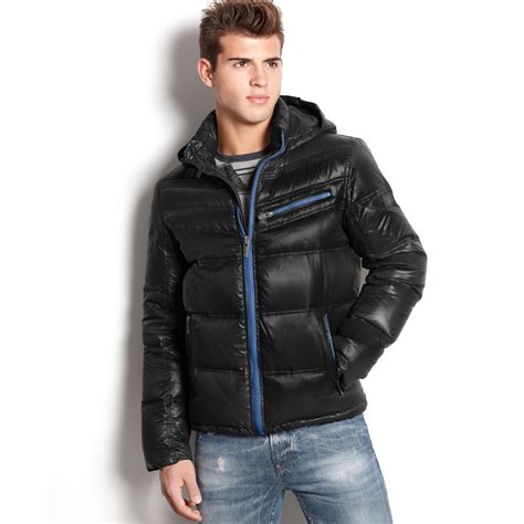 guess jacket chrome hooded quilted puffer in black for men jet black