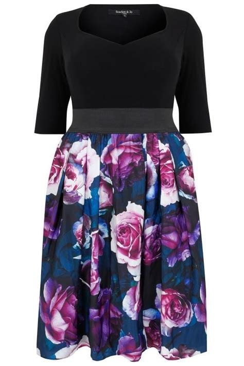 scarlet and jo black and purple floral print 2 in 1 dress with elasticated waist plus size 16 to 32