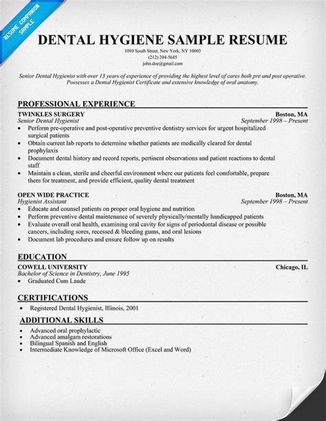 dental hygiene resume  dentist health resumecompanioncom