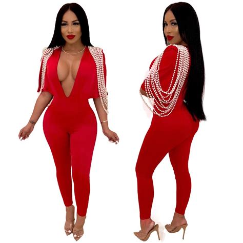 red long sleeve jumpsuits deep v neck bodycon sexy full bodysuit casual