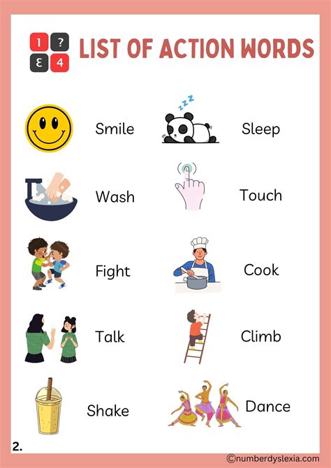 action words list  pictures  included number dyslexia