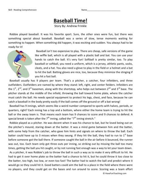 Reading Comprehension Worksheet Baseball Time