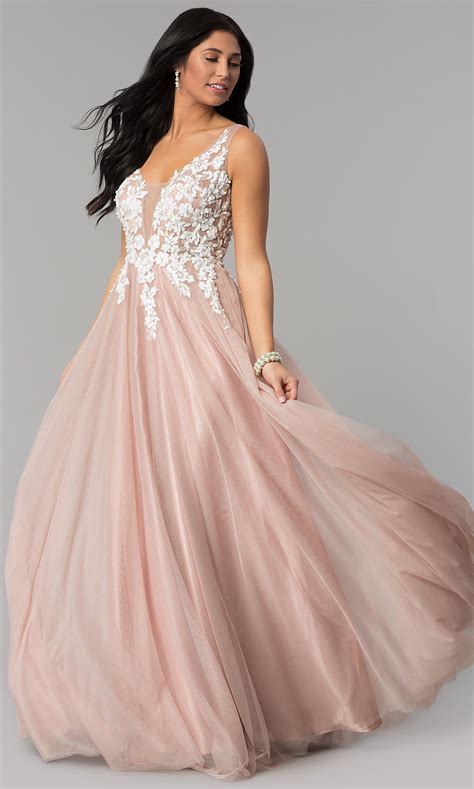 embroidered bodice tan nude tulle prom dress promgirl