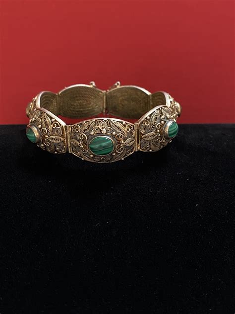 vintage chinese silver gilt filigree malachite panel bracelet   clasp