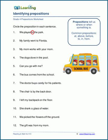 identifying prepositions worksheets  learning