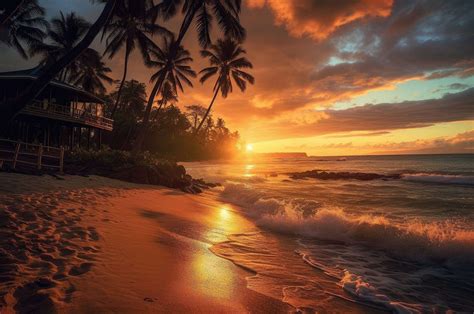romantic tropical beach  villa  palms  beautiful sunset