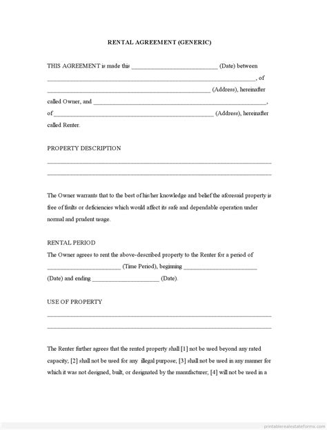 generic template rental agreement forms  printable