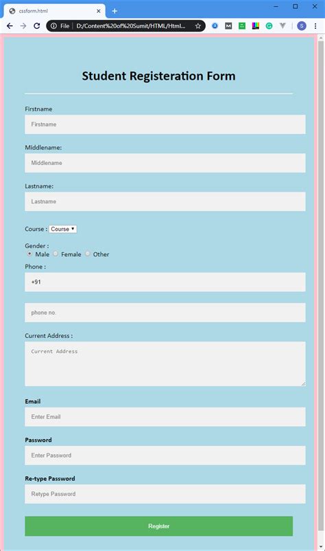 Registration Form Table In Html Elcho Table