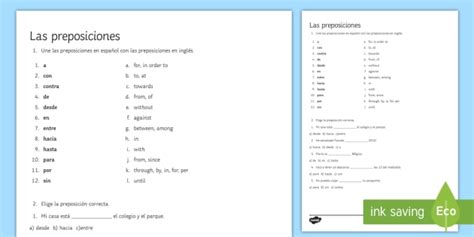 prepositions worksheet worksheet spanish