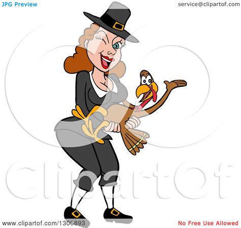 clipart of a cartoon winking sexy pilgrim woman holding a