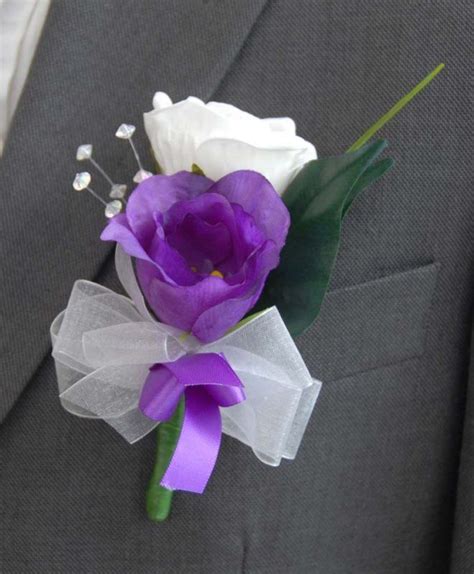 grooms purple lisianthus and white rose crystal wedding buttonhole