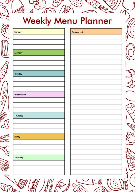 printable weekly meal planner template  grocery list